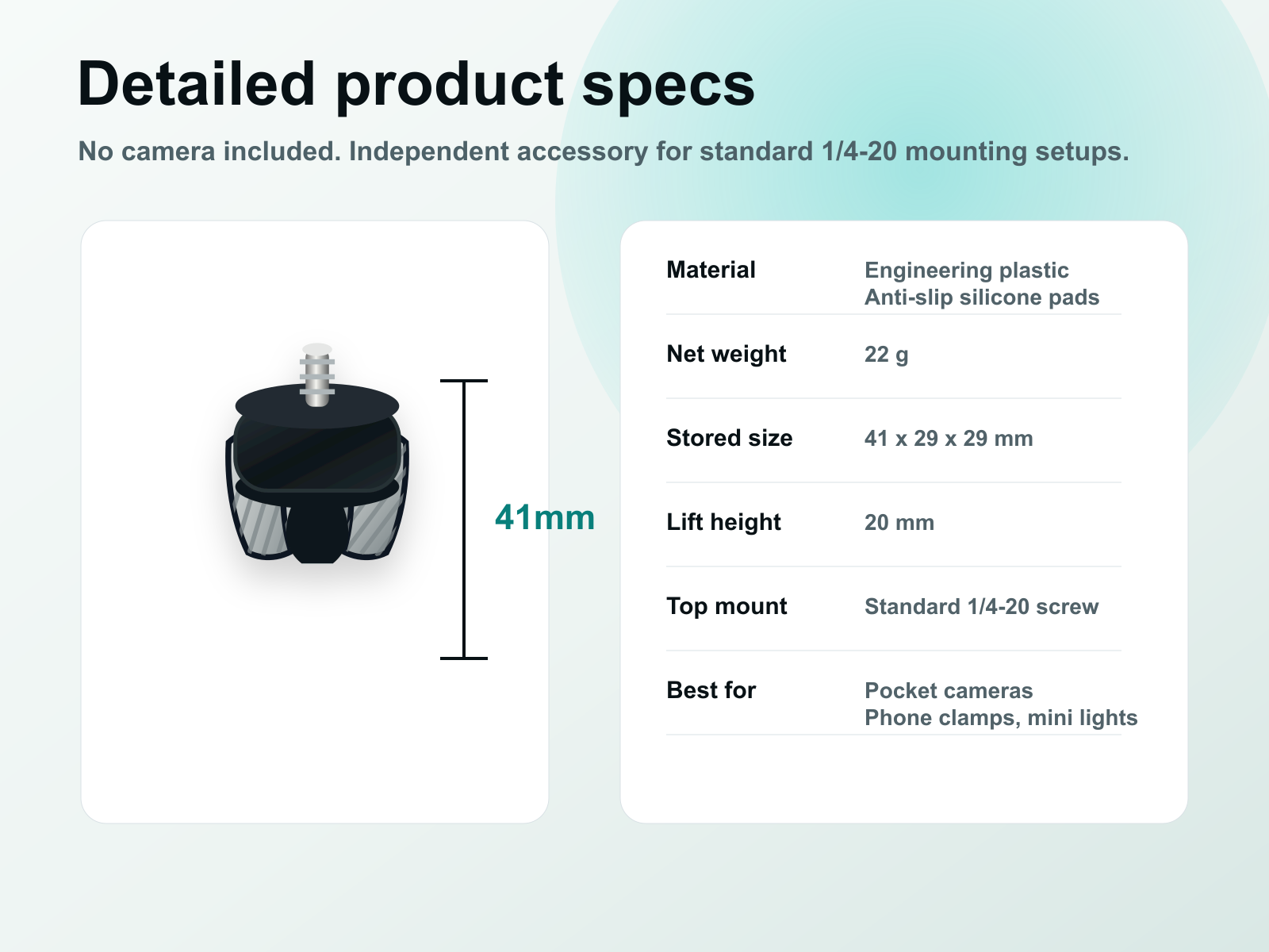 Mini Tripod ecommerce specification chart with 41 mm size, 22 g weight, 20 mm lift, and 1/4-20 mount
