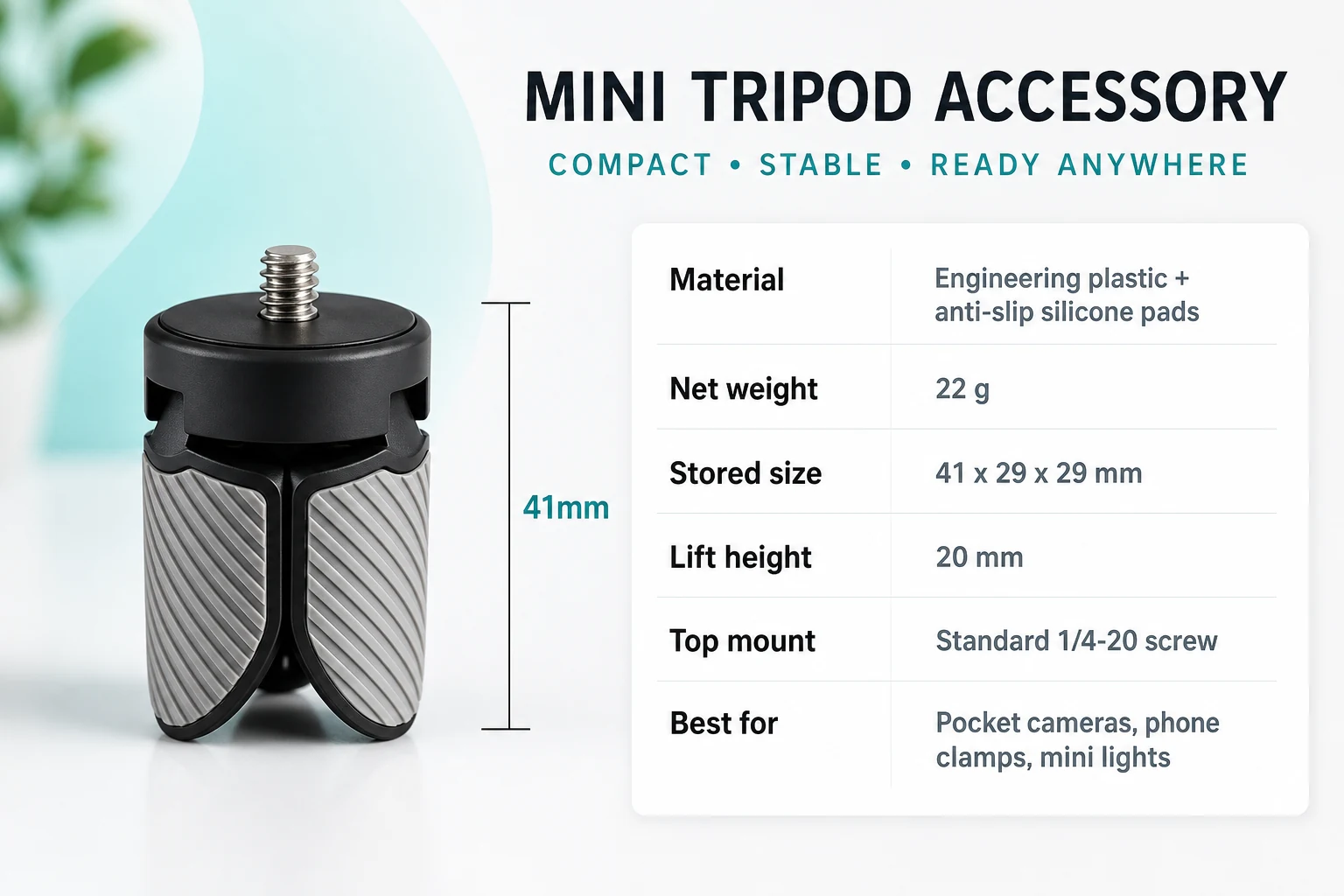 DJI Osmo Pocket 4 and Pocket 4P mini tripod specification chart with 41 mm size, 22 g weight, 20 mm lift, and 1/4-20 mount
